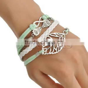 Top Quality Wax Rope Braiding Bracelets Green & White Antique Silver Leaf & Halloween Owl Infinity Symbol 17.5cm,1Piece thumbnail-1