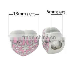 304 Stainless Steel European Style Large Hole Charm Beads Heart Silver Tone Fleur-De-Lis Carved Pink Enamel About 13mm x 12mm thumbnail-2
