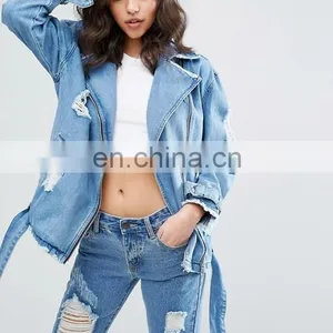 Fashionable Womens Baseball Coat Trendy Denim Motorcycle Jacket thumbnail-2