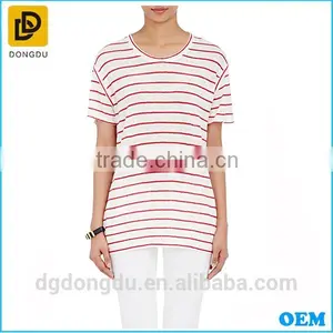 Wholesale 2016 Cheap Custom Pretty Quality Lady Striped Linen T-shirt thumbnail-1