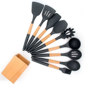 Home and Kitchen Gadgets Kitchen Utensils KITCHEN UTENSILS 9PCS SILICONE UTENSIL SETS WITH WOODEN HOLDER thumbnail-1