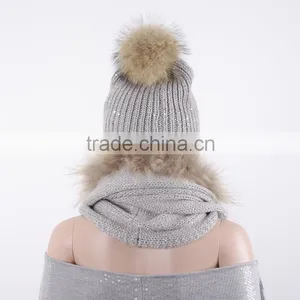 Top Quality Knit Beanie Hat Genuine Raccoon Fur Pompom Hats KZ150123 thumbnail-4