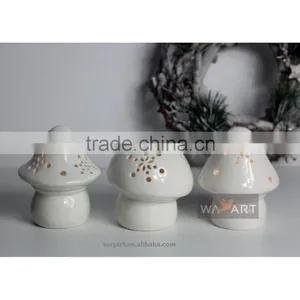 3 Asst LED Lighted Ceramic Mushroom With Snowflake Carved thumbnail-1