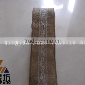 2'' Wide *5Y Long Burlap Wire Edge Ribbon With Lace for Wedding thumbnail-1