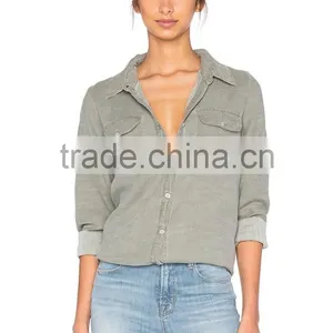New Style Autumn Women Army Olive Grey Twill Shirt Factory Price thumbnail-1