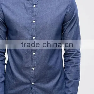 Guangzhou High Quality Custom Long Sleeve Spread Collar Mens Cotton Elastane Stretch Denim Casual Navy Solid Shirts thumbnail-3