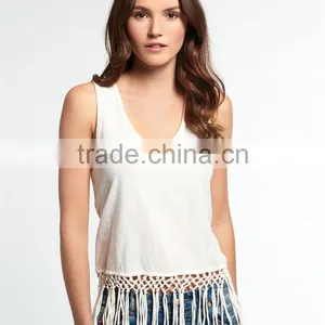 2016 Guangzhou Shandao Fashion Design Summer Casual Sleeveless Tassels Bottom Round Neck White Cotton New Style Top For Girls thumbnail-3