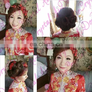 Aidocrystal Deep Red Hairpiece, Red Flower Bridal Hair Flower Headband Headwear thumbnail-2