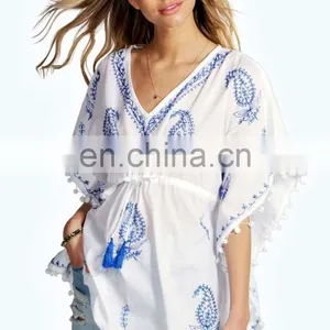 2015 Wholesale EMBROIDERED POM POM TRIM KAFTAN Slim Embroidered Poncho/ Short Kaftan For Women Summer Wear thumbnail-1