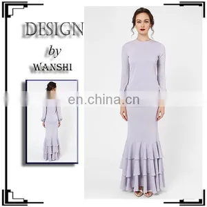 Elegant Purple Baju Kurung Modern Ruffle Design Bell Sleeve Muslim Dress thumbnail-1