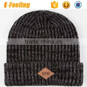 Knitted Beanie Hat/Leather Patch Beanie Hat thumbnail-2