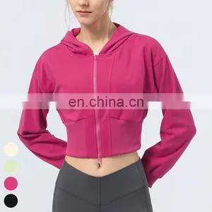 High Elastic Waist Running Sports Clothing Long Sleeve Double Head Zipper Short Gym Fitness Jackets Women Hooded Yoga Jacket thumbnail-4