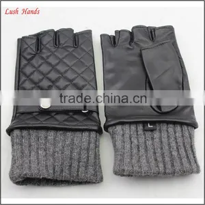 Ladies Winter Fingerless Leather Gloves With Grey Knitting Ending thumbnail-3