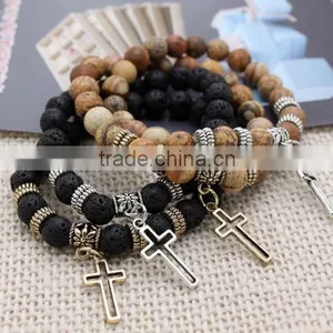 2016 Handmade China of High Quality Cross Lava Natural Stone Bead Bracelet thumbnail-1