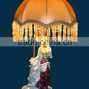 Lady Playing With Doves Ceramic Base Table Lamp, Gold Color Table Lamp thumbnail-3