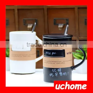 UCHOME Black White Message Ceramic Mug With Lid Spoon Creative Cup With a Pen thumbnail-5