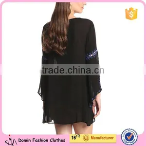 Women's Embroidered Detail Loose Fit Sheer Fabric Long Sleeve Tunic Dress thumbnail-2