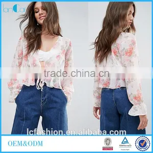 OEM Service Supply Type Women Sexy Tops and Blouses Floral Print Plunge Blouse thumbnail-1