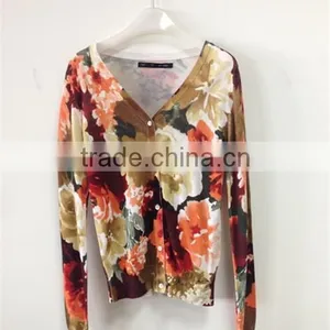 Women's V-neck no Hand Feeling Reactive Printing Cardigan Sweater thumbnail-1