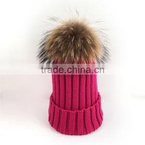 Myfur Wholesale Women Crochet Wool Acrylic Knit Beanie With Natural Color Raccoon Fur Pom Pom thumbnail-1