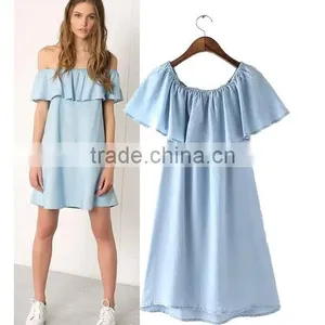 EY0565A 2015 New Style Women Falbala Pure Color Easy Cowboy Dress thumbnail-1