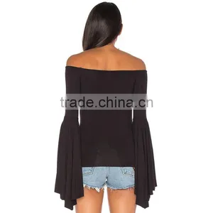 100% Rayon Solid Color Black Bell Sleeve off Shoulder Bardot Top thumbnail-4