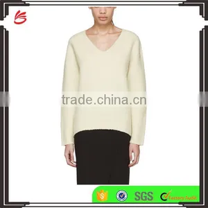 Custom Made Long Sleeve Wool Blend Boucle Pullover Sweater in Off White for Women thumbnail-1