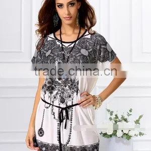 Printed Round Neck Bat Sleeves Loose Large Size Women's T-shirt Dress thumbnail-3