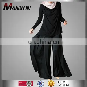 Hot Sale Muslim Women Wide Leg Side Split Chiffon Pants Ladies High Waist Back Zipper Black Trousers Islamic Palazzo Pants thumbnail-1