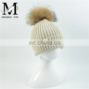 Kids Funny Hat With Big Genuine Raccoon Fur Ball Winter Knit Hat Baby Crochet thumbnail-4