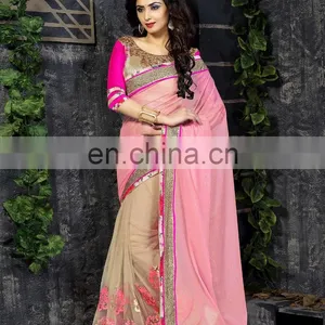 Pink and Beige Colored Lycra and Net Saree. thumbnail-1