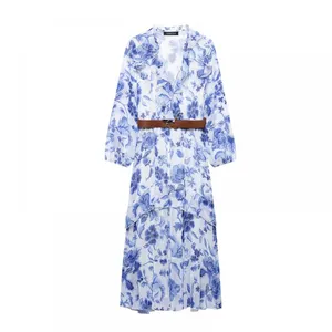 European and American French Style Fashion Belt Printed Midi Dress thumbnail-1