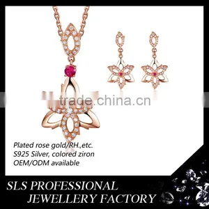 2015 Fashiondubai Latest Design 925 Stering Silver Rose Gold Plated Beautiful Flower Jewelry Set thumbnail-1
