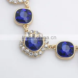 Wholesale Gold Chin Resin Jewelry Fashion Rhinestone Blue Ruby Necklace Set for Party thumbnail-6
