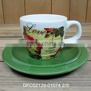 New Design Love Rose Decal Ceramic Cup With Green Saucer thumbnail-1