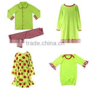 2016 Lime Green Red Striped Ruffle Baby Pajamas Set Night Dress Gown Kids Children Christmas Clothing Holiday Siblings Pajamas thumbnail-1