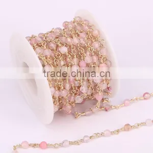 Natural Rose Quartz Agate Rosary Style Beaded Chain, Gold Plated Wire Wrapped Beaded Chain Rosary Chain Faceted Beads thumbnail-2