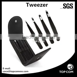 4-Piece Tweezer Set With Leather Case & Magnifying Mirror thumbnail-1