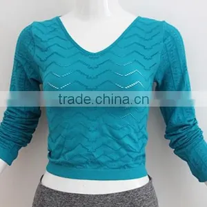 V-neck Ladies Seamless Long Sleeve Shirt With Hollow Out Wave Style Hole thumbnail-1
