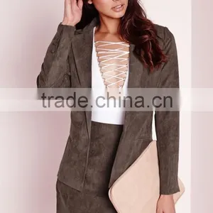 New Arrival Lady Khaki Faux Suede Office Uniform Blazer thumbnail-2