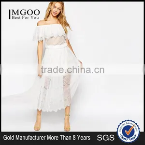 MGOO Design Vintage Boho Lace Off Shoulder Maxi Dress White Embroideered Elegant Bohemian Dress thumbnail-1