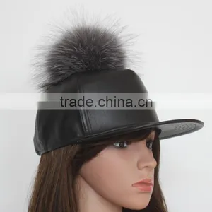 Myfur Man Handsome Style Pure Leather Baseball Cap Hat With Real Silver Fox Fur Bobble Cap thumbnail-3
