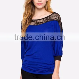 3/4Sleeve Contrast Trims Lacey Yoke Lady Blouses for Women Summer 2015 thumbnail-2