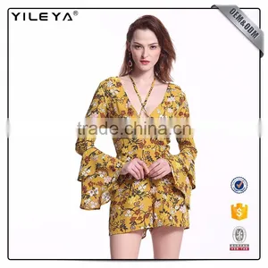 Customizable Printing V Neck Bell Long-Sleeved Jumpsuit For Women thumbnail-6