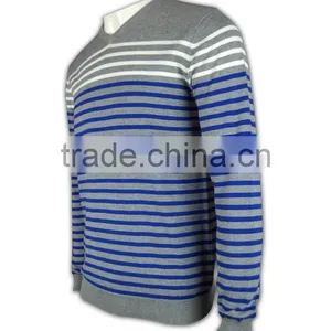 ISO9001/BSCI Manufature Blue V-neck Striped Design Wool Sweater thumbnail-2