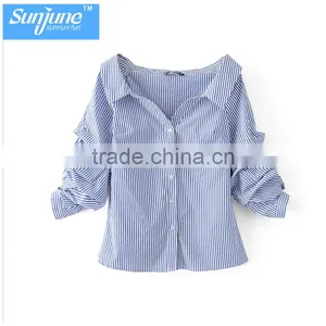 Wholesale Womens 100% Cotton Long Sleeve Strip Oxford Blouse thumbnail-1