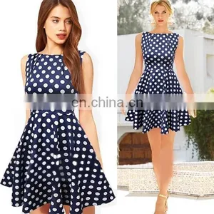 50s Retro Style Ladies Sleeveless Blue Polka Dot Dress thumbnail-1