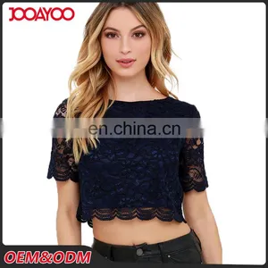 Custom Design Round Neck Navy Blue Floral Ladies Tops Short Sleeve Lace Ladies Sexy Crop Top thumbnail-1