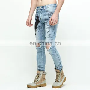 DiZNEW 2020 Wholesale Custom Slim Fitting Printed Ripped Denim Jeans Men thumbnail-4