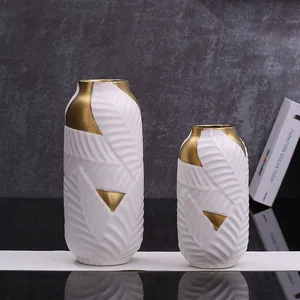 White Mint-Mark Leaf Gild Hand Made Ceramic Flower Vase Art Gift For Living Room Office Study thumbnail-1